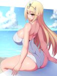  1girl alluring bangs big_breasts blonde_hair breasts headpiece high_res long_hair mythra mythra_(radiant_beach)_(xenoblade) mythra_(xenoblade) nintendo one-piece_swimsuit ponponmaru ribbed_swimsuit strapless strapless_swimsuit striped swept_bangs swimsuit tiara vertical-striped_swimsuit vertical_stripes very_long_hair white_swimsuit xenoblade_(series) xenoblade_chronicles_2 yellow_eyes 