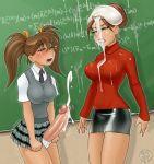 2girls blush breasts brown_hair condom condom_filling cum cum_on_clothes cum_on_face cum_shot futanari green_eyes kamitora kamitora_(artist) large_breasts panties penis school_uniform skirt sweater teacher twintails used_condom