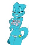 1girl 2018 5_fingers anthro bedroom_eyes blue_fur breasts cameltoe cartoon_network cat cherry_(fruit) choker clothed clothing digital_media_(artwork) fangs feline food fruit fur furry half-closed_eyes high_res kandlin mammal mature_female navel nicole_watterson nipples panties seductive simple_background smile standing text the_amazing_world_of_gumball thigh_gap topless underwear whiskers white_background