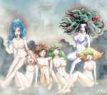 bath belly big_breasts breasts brown_hair chaos_kin chenge-getter crown gold green_eyes green_hair hair hypnosis hypnotized kid_icarus long_hair medusa mind_control navel nipples palutena pit_(kid_icarus) red_eyes topless viridi