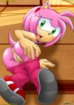 all_fours amy_rose anus ass bbmbbf black_nose blush breasts butt clothed clothing female green_eyes hair hedgehog inside looking_at_viewer looking_back mobius_unleashed nipples open_mouth palcomix pants pink_hair pink_skin presenting pussy pussy_juice sega shoes short_hair solo sonic_(series) sonic_the_hedgehog_(series) thighs