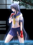 1girl blue_hair fingerless_gloves gloves ikkitousen kan'u_unchou kanu_unchou long_hair school_uniform solo torn_clothes water