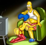  blue_hair fellatio hair homer_simpson marge_simpson oral rzhevskii the_simpsons yellow_skin 