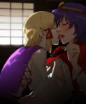 2girls blush breast_grab breasts closed_eyes female fugi_jis grabbing kanako_yasaka kiss kissing moriya_suwako multiple_girls realistic suwako_moriya tongue touhou yasaka_kanako yuri