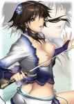  1girl bouncing_breasts breasts breasts_outside brown_eyes brown_hair chai_xianghua choker hair_ornament hairpin kansuke open_clothes open_shirt shirt short_hair shorts solo soul_calibur soulcalibur soulcalibur_iv sword weapon xianghua 