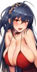 1girl ahoge azur_lane bangs bare_shoulders blush breasts choker cleavage cocktail_dress dress hair_between_eyes hair_ornament huge_breasts lolicept looking_at_viewer open_mouth red_choker red_dress red_eyes saliva simple_background taihou_(azur_lane) teeth tongue tongue_out very_long_hair