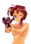  1girl aiming bare_shoulders blue_eyes bob_cut breasts brown_hair cypherone dark_skin face foreshortening gun gunsmith_cats handgun hands irene_'rally'_vincent lipstick makeup nude payot pistol purple_eyes purple_hair rally_vincent short_hair sidelocks solo weapon wink 