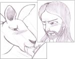 beastiality christianity fellatio human jesus kangaroo monochrome one_eye_closed pubic_hair squint sucking_penis