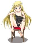 1girl barefoot blonde_hair blue_eyes blush evangeline_a.k._mcdowell evangeline_a_k_mcdowell feet flat_chest gengorou hand_on_knee hand_on_own_cheek hand_on_own_knee lingerie long_hair mahou_sensei_negima mahou_sensei_negima! naughty_face negima nipple_slip nipples panties sitting solo strap_slip toes underwear vampire white_background