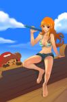  1boy 1girl antlers bare_legs barefoot big_breasts bikini_top breasts clima-tact crossed_legs denim denim_shorts feet hat large_breasts legs_crossed long_hair midriff nami nami_(one_piece) navel one_piece orange_hair polearm ship short_shorts shorts sitting taho tony_tony_chopper weapon 