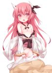  1girl bad_id bare_shoulders blush breasts date_a_live first_porn_of_character hair_ornament horns itsuka_kotori long_hair nipples open_clothes open_mouth pink_eyes pink_hair pussy sea_(lordofk) shirt_pull solo tears very_long_hair zen_o 