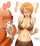 1girl bald beard belt blush breasts cleavage crossover dragon_ball drooling facial_hair highres master_roshi midriff nami navel one_piece open_mouth orange_hair short_hair sweat tears text translation_request trembling