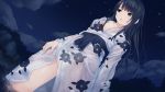 1girl amekoi black_eyes black_hair breasts cloud coffee-kizoku game_cg japanese_clothes kazuharu_kina kimono legs long_hair looking_away night noesis panties sky solo standing star thighs underwear water