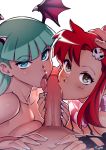  2_girls crossover darkstalkers double_fellatio eyebrows_visible_through_hair fellatio fingernails kissing licking_penis looking_at_viewer morrigan_aensland multiple_girls nail_polish oral penis penis_kiss penis_lick pov signature sucking teamwork tengen_toppa_gurren-lagann threesome typo_(requiemdusk) wings yoko_littner 