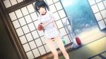 1girl amekoi apron black_eyes black_hair breasts buruma coffee-kizoku game_cg gloves gym_uniform kazuharu_kina legs long_hair looking_at_viewer noesis smile solo standing sunlight thighs vacuum_cleaner