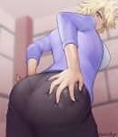 1girl 1girl anime_milf artist_name ass ass_focus big_ass big_ass big_breasts blazer blonde_hair blush bottom_heavy breasts butt_crack cardigan clothed_female dat_ass fat_ass female_focus female_only from_behind fully_clothed hand_on_hip high_res huge_ass huge_ass kentaryu long_sleeves looking_at_own_butt looking_at_viewer looking_back mature mature_female mature_woman milf mitsuki_bakugou my_hero_academia panties pantylines rear_view red_eyes round_ass shirt short_hair sideboob skirt solo_female solo_focus tight_clothing voluptuous