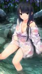 1girl absurdres ame_koi amekoi black_hair breasts cleavage coffee-kizoku collarbone floral_print green_eyes highres hime_cut isshi_mizuki japanese_clothes kimono kimono_lift long_hair looking_at_viewer no_bra obi off_shoulder panties sash sitting smile solo underwear wet white_panties