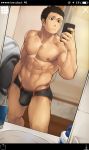 1boy 8_(yamalu) abs black_hair bulge camera crotch haikyuu!! male male_focus male_only mirror muscle pecs phone sawamura_daichi self_shot selfpic topless topless_male underwear