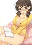 1girl 2013 :o areola_slip areolae asano_fuuka big_breasts blush book bow breasts brown_eyes brown_hair cardigan cleavage covering covering_crotch dated glasses hair_bow heavy_breathing idolmaster idolmaster_cinderella_girls jpeg_artifacts kiya_shii large_breasts looking_at_viewer naked_cardigan open_book panties panty_pull pillow short_hair sitting solo sweat underwear v_arms white_legwear white_panties