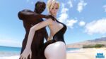 3d activision angela_ziegler ass bbc beach bikini blender blizzard_entertainment blonde_hair clothed_female_nude_male clouds dark-skinned_male daz3d daz_studio dimipron interracial mercy_(overwatch) overwatch penis_on_ass sky