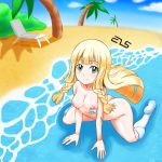 :) beach beach_chair blush chair cute els lillie lillie_(pokemon) looking_at_viewer name_tag nude ocean on_knees palm_tree pokemon pokemon_(game) pokemon_sm porkyman sad signature sitting smile translated tree water