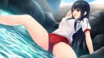 1girl amekoi black_eyes black_hair breasts buruma coffee-kizoku embarrassed erect_nipples game_cg gym_uniform kazuharu_kina legs long_hair looking_down noesis onsen open_mouth sitting solo steam thighs water wet wet_clothes