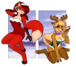 2015 2_girls alpha_channel anthro antlers armpits bracelet breasts candy candy_cane canine christmas cleavage clothed clothing collar dog dress duo ear_piercing food fox fur furry hair hat holidays horn husky hybrid jewelry jingle_bell jingle_bells kneel legwear looking_at_viewer mammal mistletoe orange_eyes orange_fur piercing plant pomeranian pomeranian_husky red_hair ribbons santa_hat silverdeni skimpy smile snow snowing stockings tan_fur tight_clothing tongue tongue_out tree white_fur