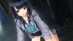 1girl amekoi black_eyes black_hair coffee-kizoku game_cg kazuharu_kina kneeling legs long_hair looking_at_viewer noesis open_mouth panties pantyshot school_uniform shoes skirt socks solo thighs underwear upskirt wet wet_clothes