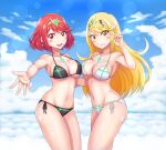  2_girls alluring alternate_hairstyle ass asymmetrical_docking bangs beach big_breasts bikini blonde_hair blue_sky blush breast_press breast_rest breasts cropped_background day earrings from_side halterneck hinot jewelry lens_flare multiple_girls mythra mythra_(xenoblade) navel nintendo ocean one_eye_closed outside ponytail pyra pyra_(xenoblade) red_bikini red_eyes red_hair self_shot side-tie_bikini sideboob sky string_bikini swept_bangs swimsuit tiara under_boob voluptuous wet white_bikini xenoblade_(series) xenoblade_chronicles_(series) xenoblade_chronicles_2 yellow_eyes 