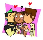 ? black_eyes blush breasts brown_hair brown_skin cartoon_network cody_(tdi) courtney_(tdi) dark-skinned_female duncan_(tdi) freckles green_hair heart hourglass_figure jpeg_artifacts kissing_cheek latina mohawk_(hairstyle) punk short_hair thick_ass thick_legs thick_thighs total_drama_island