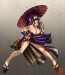 1girl alluring bare_shoulders big_breasts blonde_hair blue_eyes bow breasts cleavage full_body geta hair_bow japanese_clothes large_breasts legs long_hair long_legs looking_at_viewer nail_polish parasol platform_footwear platform_heels sandals setsuka solo soul_calibur soul_calibur_iii soulcalibur_iv standing tattoo thighs umbrella xuexue_yue_hua xuexueyuehua