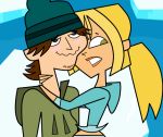  1boy 1girl big_breasts blonde_hair bridgette_(tdi) brown_hair cartoon_network duo ezekiel_(tdi) green_eyes hourglass_figure light-skinned_female long_blonde_hair long_hair navel surfer_girl thick_ass thick_legs thick_thighs total_drama_island wavy_mouth 