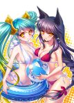 2_girls ahri animal_ears aqua_hair ball beach_ball big_breasts bikini black_hair blonde_hair blush braid breasts cleavage erect_nipples fox_ears gradient_hair innertube league_of_legends long_hair multicolored_hair multiple_girls navel s-yin side-tie_bikini single_braid smile sona swimsuit tied_hair twin_tails very_long_hair yellow_eyes