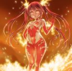  1girl asanagi choker cthugha_(nyaruko-san) erect_nipples fiery_hair fire haiyore!_nyaruko-san high_res hips long_hair looking_at_viewer navel open_mouth red_eyes red_hair solo twin_tails wide_hips 