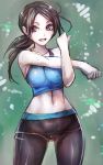 1girl black_hair breasts brown_hair cameltoe covered_nipples erect_nipples highres long_hair looking_at_viewer midriff navel nintendo open_mouth pale_skin ponytail purple_eyes rough sketch slender_waist smile solo spandex stretch sweat taishi_(artist) tank_top toned trainer_(wii_fit) white_skin wii wii_fit wii_fit_trainer yoga_pants