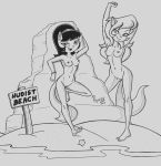 2girls beach callie_briggs cat crossover furry kitty_katswell monochrome multiple_girls nude poland_(artist) swat_kats t.u.f.f._puppy