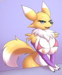 1girl 1girl absurd_res an-tonio anthro big_breasts black_sclera bottomless breasts canid canine clothed clothing digimon digimon_(species) fur furry high_res huge_breasts looking_at_viewer mammal nipples nude open_mouth renamon simple_background white_body white_fur yellow_body yellow_fur