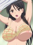  1girl armpits arms_up bare_shoulders big_breasts black_hair blush breast_slip breasts brown_eyes cleavage cute fukiyose_seiri large_breasts long_hair nipple_slip nipples one_breast_out open_mouth shiny shiny_skin solo sweat to_aru_majutsu_no_index toku_(tokuhp) underboob undressing wardrobe_malfunction 