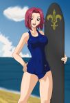 1_girl 1girl beach big_breasts blue_swimsuit breasts code_geass female female_only kallen_stadtfeld one-piece_swimsuit outdoor outside short_hair solo standing swimsuit