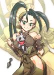 1girl bandage bandanna between_breasts breasts capcom cleavage don_(street_fighter) green_eyes hip_vent ibuki ibuki_(street_fighter) kunai kuroshin long_hair ninja nipples ponytail see-through smile solo street_fighter street_fighter_iii street_fighter_iii:_3rd_strike street_fighter_iv tanuki weapon zoom_layer