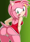 1girl amy_rose animal_ears anthro ass beige_skin breasts color dress female female_only fur furry furry_only gradient gradient_background green_eyes hairband hedgehog nagano_tenzen open_mouth panties panty_pull pink_fur pink_hair pussy skin solo sonic_(series) sonic_team tail tongue uncensored underwear vulva white_panties