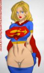  blonde_hair blue_eyes bottomless daikon dc huge_breasts kara_zor-el nipples_visible_through_clothing powergirlsbitch_(colorist) pussy supergirl thigh_gap 