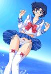 1girl ami_mizuno artemisumi bespectacled bishoujo_senshi_sailor_moon blue_eyes blue_hair blue_skirt clothed female female_only glasses mizuno_ami panties sailor_mercury sailor_moon short_hair skirt skirt_lift solo standing stockings upskirt