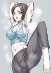 1girl armpit_hair armpits black_hair blush grey_eyes long_hair midriff murasame_nohito navel pale_skin ponytail smell smile solo spandex steam super_smash_bros. sweat tank_top taut_clothes trainer_(wii_fit) white_skin wii wii_fit wii_fit_trainer