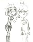 1boy 1girl black_eyes breasts cartoon_network character_name cody_(tdi) dyed_hair goth gwen_(tdi) hourglass_figure monochrome navel pale-skinned_female pencil_drawing total_drama_island two_tone_hair