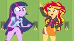 2girls breasts clothed embarrassing equestria_girls friendship_is_magic human long_hair multiple_girls my_little_pony no_panties no_underwear pussy skirt skirt_flip smile sunset_shimmer sunset_shimmer_(eg) surprise twilight_sparkle_(mlp)