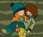  boob_window breasts cartoon_network curly_hair ezekiel_(tdi) green_eyes hourglass_figure izzy_(tdi) monster navel orange_hair thick_ass thick_legs thick_thighs total_drama_island 