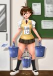 1girl ;p androgynous breasts brown_eyes brown_hair bucket cum cum_in_container ejaculation footwear full_body futanari handsfree_ejaculation indoors large_breasts necktie no_panties one_eye_closed penis school_uniform short_hair skirt socks solo tied_penis tomboy tongue tongue_out translated umihara_kawase umihara_kawase_(character) uncensored very_short_hair water wink