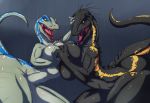  2_girls anthro anthrofied ass big_ass big_breasts black_scales blue_(jurassic_world) blue_stripes breast_squeeze breasts claws dinosaur female_only green_scales hb-viper huge_breasts indoraptor jurassic_park jurassic_world jurassic_world_fallen_kingdom open_mouth raining raptor reptile scalie sharp_teeth shiny_breasts shiny_skin tail thick_thighs tongue yellow_eyes yellow_sclera yellow_stripes 