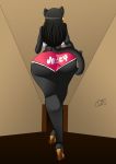 anthro ass big_ass black_fur black_hair clothing crop_top ear_piercing feline fur furry hair high_heels huge_ass jewelry krocialblack mammal panther piercing rear_view shirt shorts wide_hips